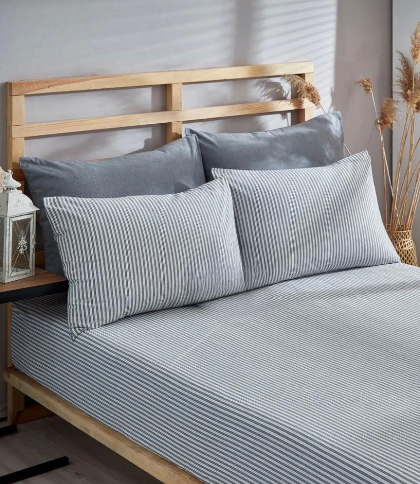 Rejenerik Kumaş Lastikli Çarşaf ve Yastık Kılıfı Seti – Antrasit Çizgili