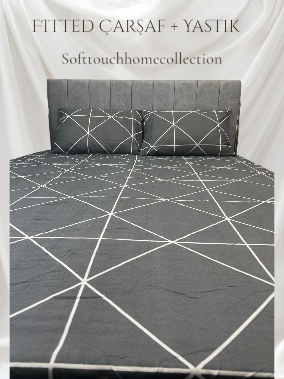 Rejenerik Kumaş Lastikli Çarşaf ve Yastık Kılıfı Seti – Füme Baklava Çizgili