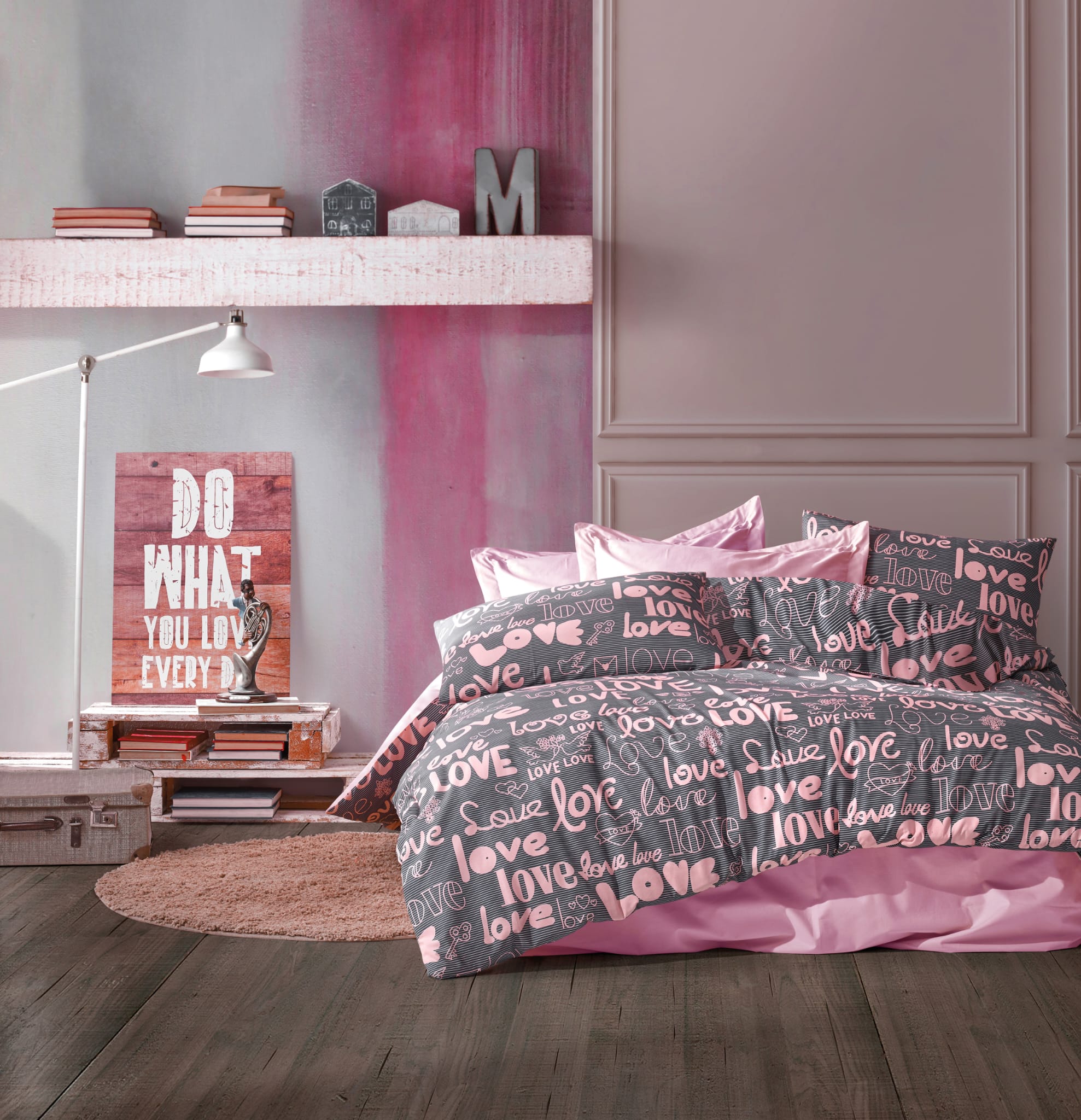 Love Antrasit-Pembe %100 Pamuk Nevresim Takımı