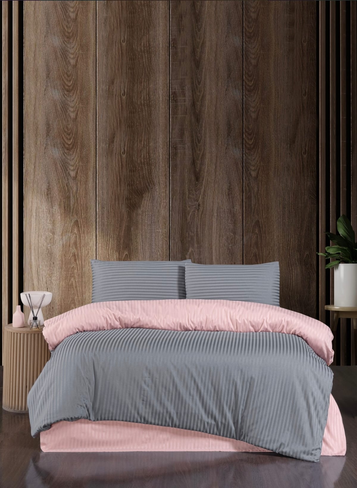 Gri & Pembe %100 Pamuk Saten Nevresim Takımı