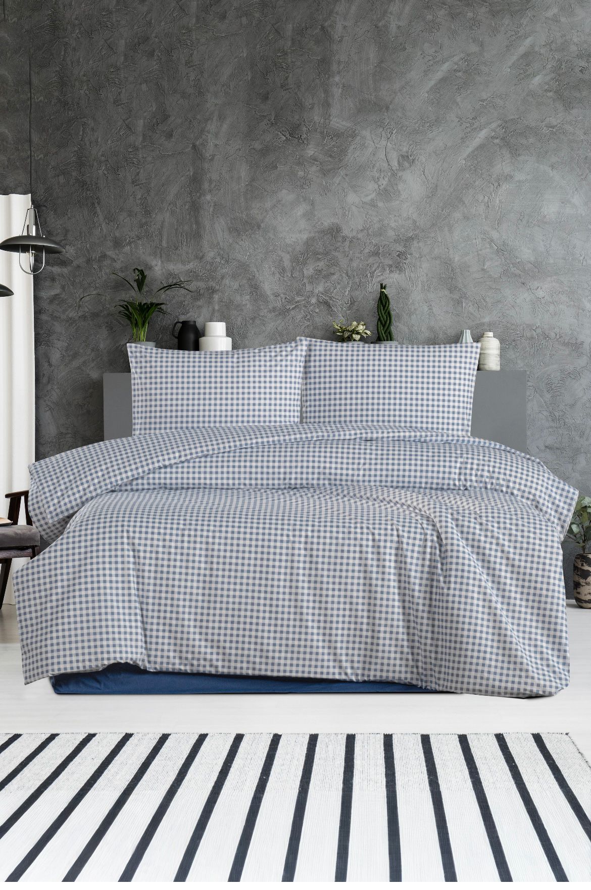 Ekose Mavi Trend %100 Pamuk Nevresim Takımı