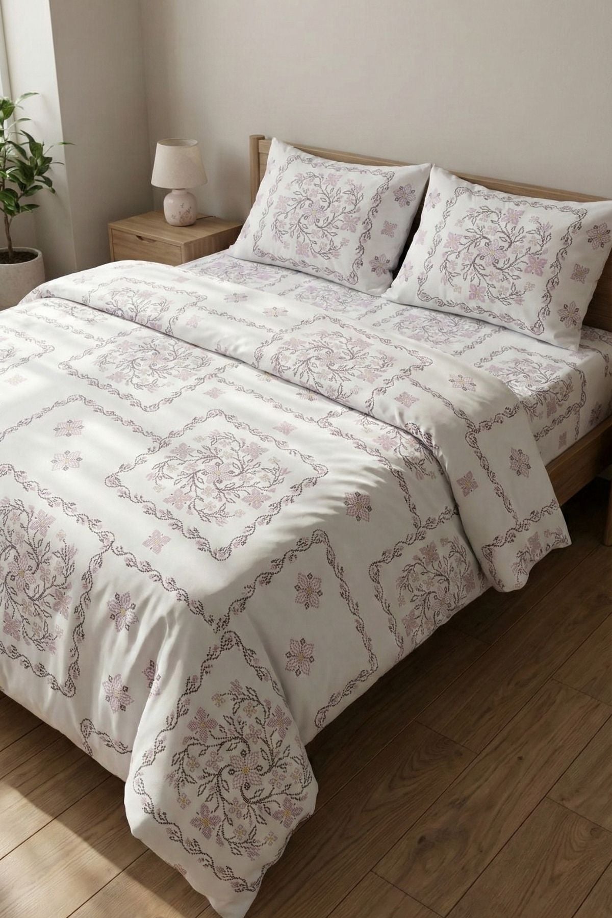 Çift Kişilik %100 Pamuk Etnik Papatya Desen Nevresim Takımı Pembe