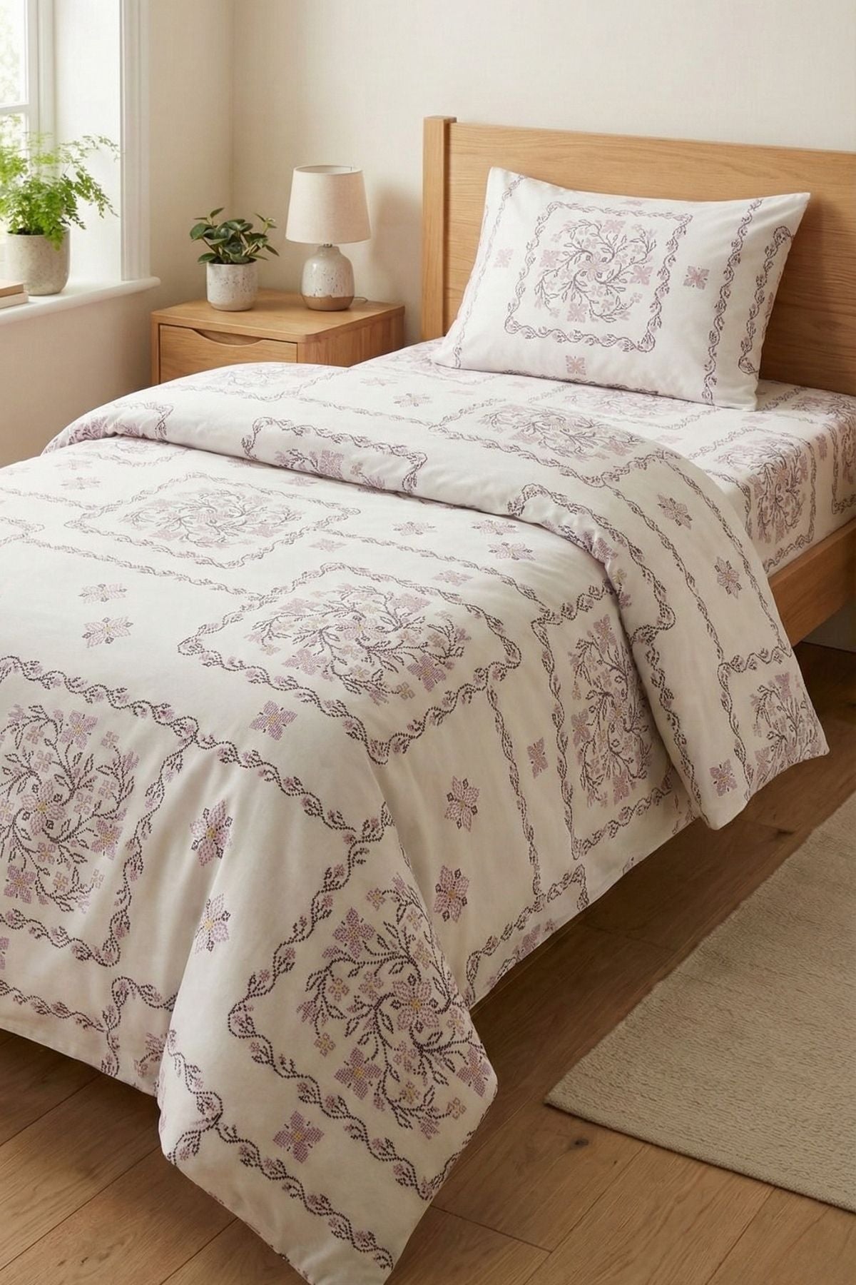 Tek Kişilik %100 Pamuk Etnik Papatya Desen Nevresim Takımı Pembe
